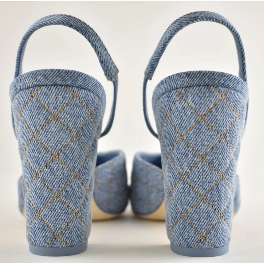 Chanel 26B Light Blue Denim Quilted Coco Sling Slingback Block Heel Pump 39.5c
